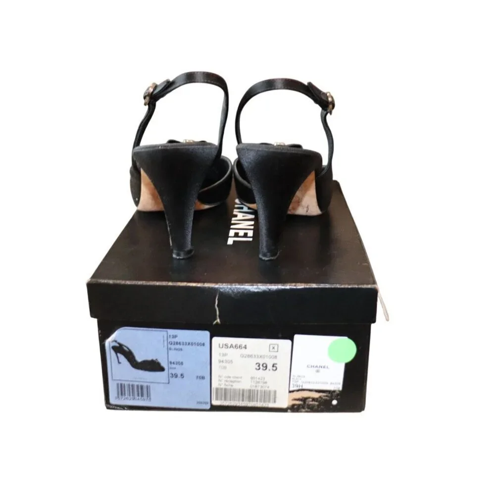 Chanel Vintage Satin Slingback Heels With Bow Detail, Size 39.5
